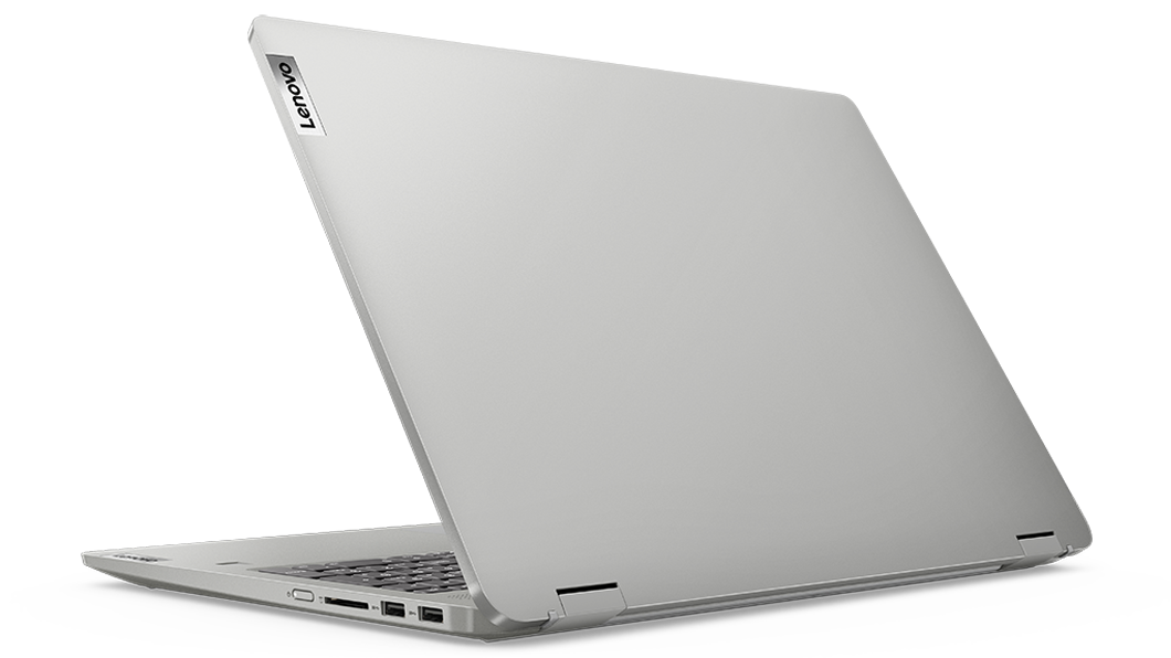 The 16'' IdeaPad Flex 5i from the back right side, opened about 70 degrees, showing the hinge, the right-side ports, the cover, and part of the keyboard