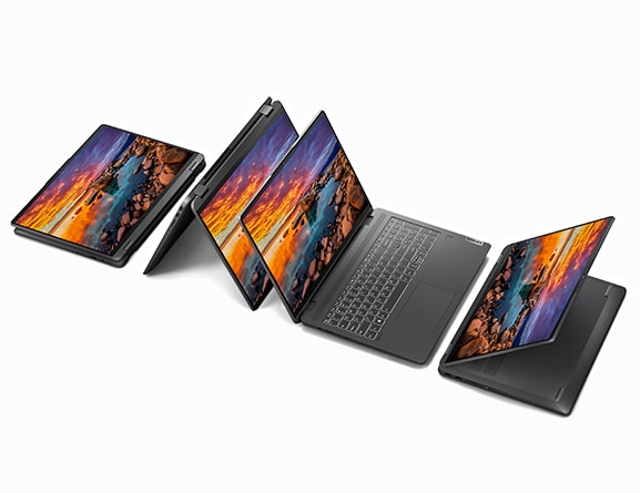 Four 16” IdeaPad Flex 5i 2-in1s arranged together, each in a different mode: tablet, tent, laptop, and presentation. Each depicts an ocean sunset beyond a rocky shore