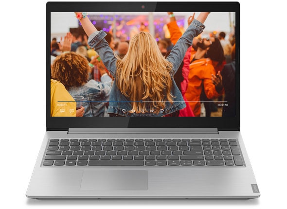 A Platinum Grey version of the IdeaPad L340 (15, AMD), with a music concert playing on scree