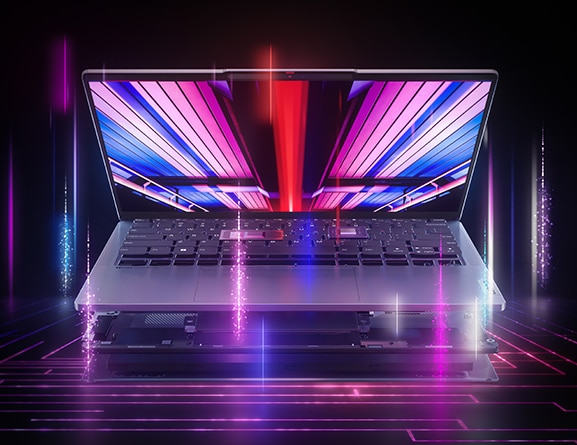 Breakaway view of the IdeaPad Pro 5 Gen 8 (14” AMD) from the front, showing internal components, and surrounded by blue, violet, and red light effects