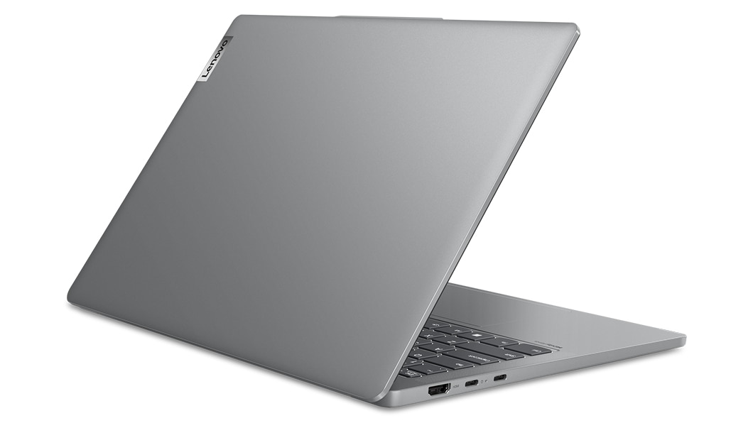 Back left angle view of an opened IdeaPad Pro 5 Gen 8 (14” AMD) showing left side ports