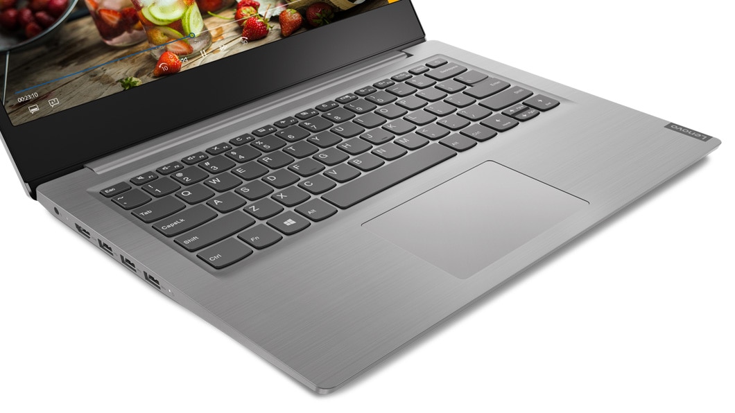 View of Lenovo IdeaPad S145 (14, AMD) keyboard in Platinum Grey Glossy color