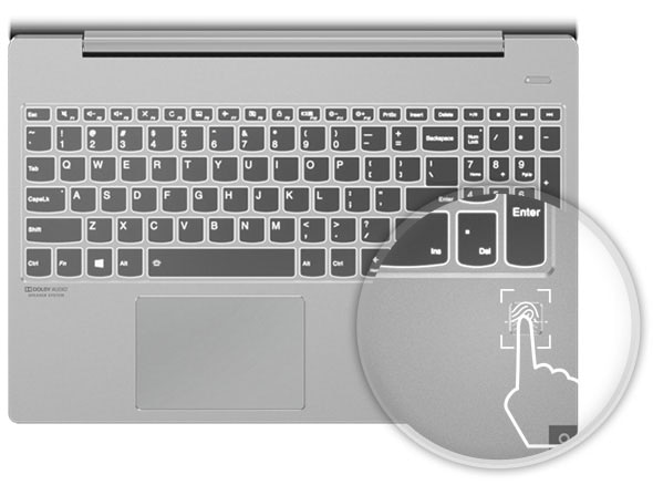 Lenovo IdeaPad S540 (15) keyboard with fingerprint reader highlighted