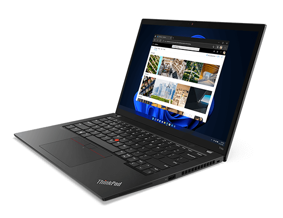 Right-side, front-facing view ThinkPad T14s (14” AMD), opened, showing close up of Power-On touch fingerprint reader