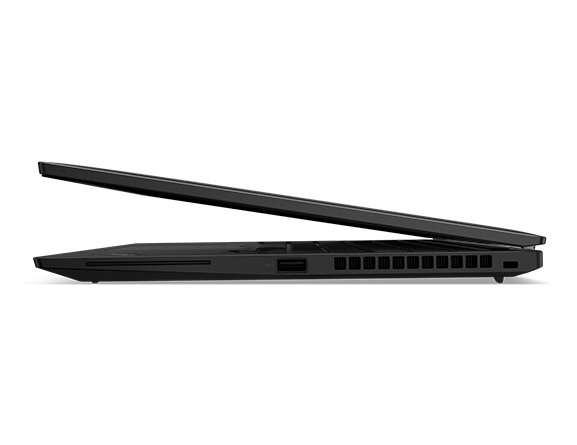 Left-side, front-facing view of ThinkPad T14s (14” AMD), slightly opened, showing side of top cover and ports