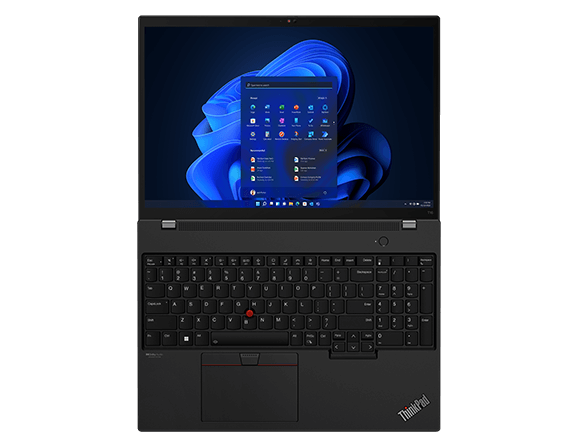 Aerial view of ThinkPad T16 Gen 1 (16” Intel) laptop, opened 180 degrees, showing display and keyboard