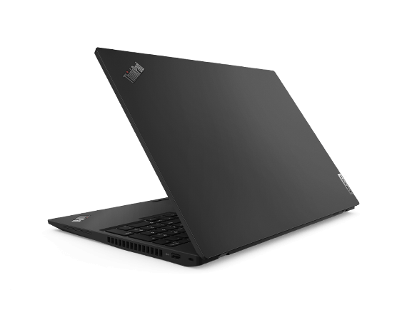 Laptop ThinkPad T16 de 1ra generación (16'', Intel) semicerrada, vista trasera, se ve puertos y ranuras opcionales