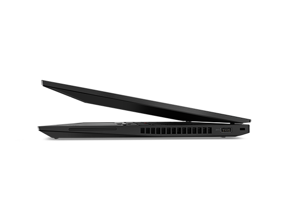 Laptop ThinkPad T16 de 1ra generación (16'', Intel) semicerrada, con vista lateral. Se ve puertos y ranuras opcionales