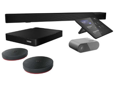 Lenovo ThinkSmart Core Full Room Kit t with Bar in back, and clockwise Controller display, Cam, mic pods, and Core computing device.
