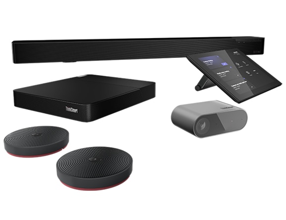 Clockwise, Lenovo ThinkSmart Bar, Controller display, Cam, two optional mic pods, and Core computing device.