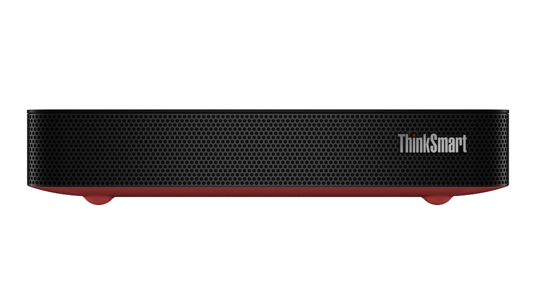 Dispositivo informático Lenovo ThinkSmart Core de frente con soporte y parte inferior roja.
