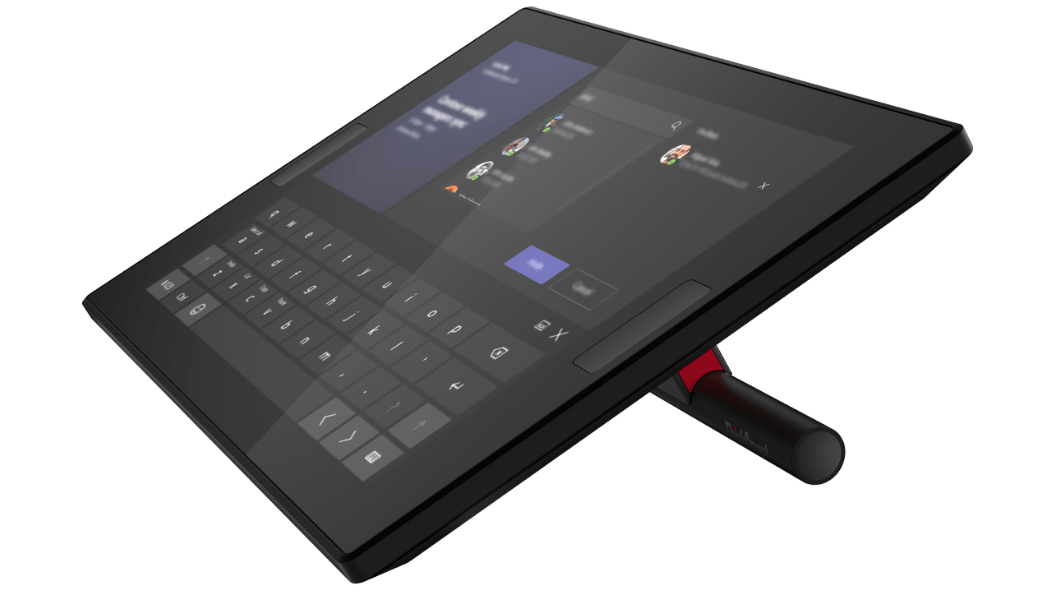 Overhead shot of Lenovo ThinkSmart Controller display for Microsoft Teams Rooms angled to show right side and stand.
