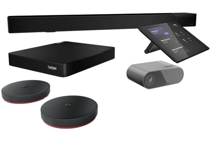 Lenovo ThinkSmart Core Full Room Kit t with Bar in back, and clockwise Controller display, Cam, optional mic pods, and Core computing device.