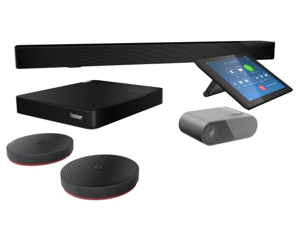 Clockwise, Lenovo ThinkSmart Bar, Controller display, Cam, two optional mic pods, and Core computing device
