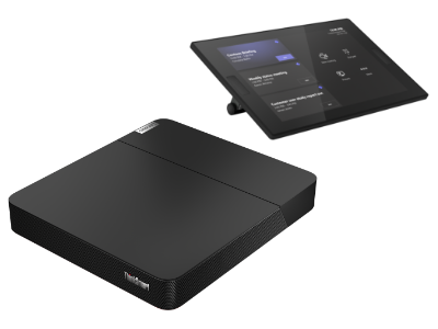 Lenovo ThinkSmart Core + Controller Kit t for Microsoft Teams with Core computing device in foreground and 10.1 inch Controller display.