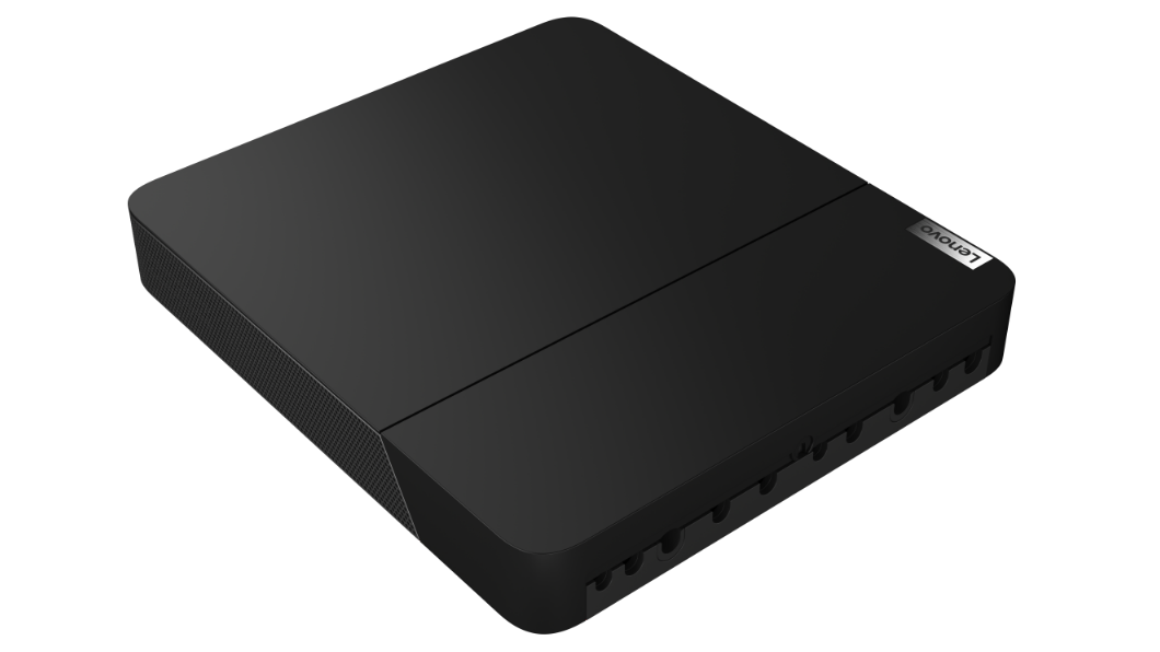 Overhead shot of Lenovo ThinkSmart Core computing device showing closed cover.
