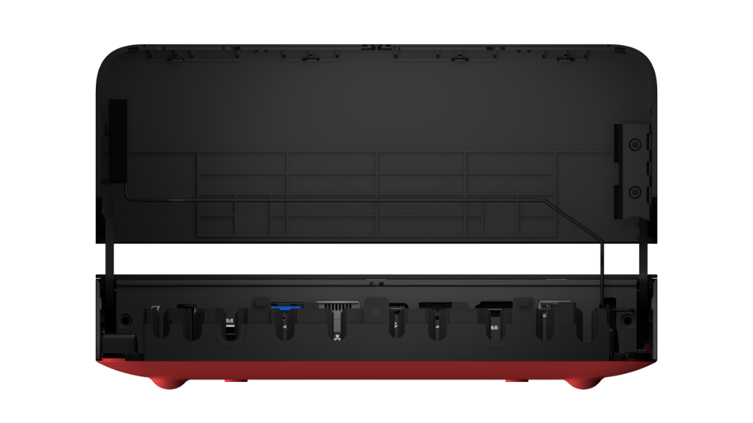 Lenovo ThinkSmart Core-datamaskin sett bakfra med synlige porter og åpent deksel.