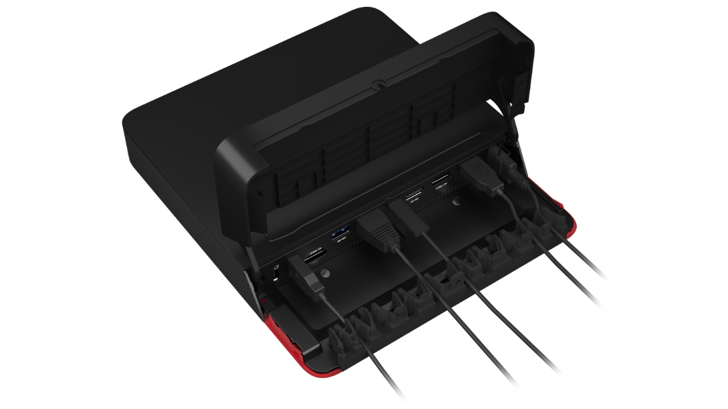 Overhead shot of Lenovo ThinkSmart Core computing device showing cables attached to some ports.