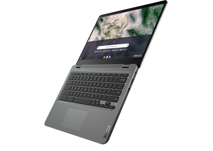 Lenovo 14e Chromebook Gen 2 (14” AMD), front right angle view, open 180 degrees