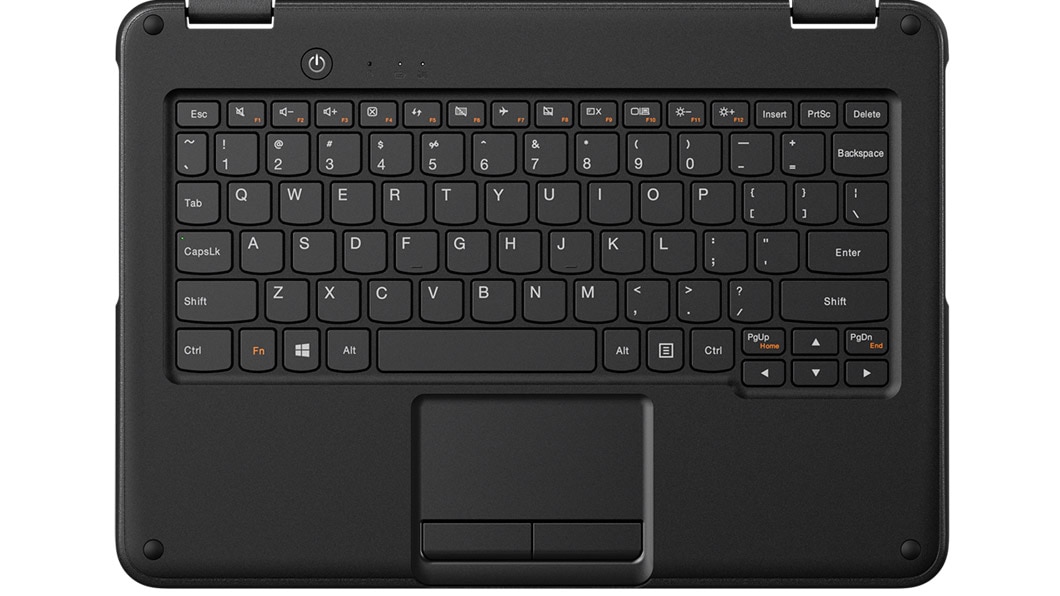 Lenovo 300e laptop, overhead view of keyboard
