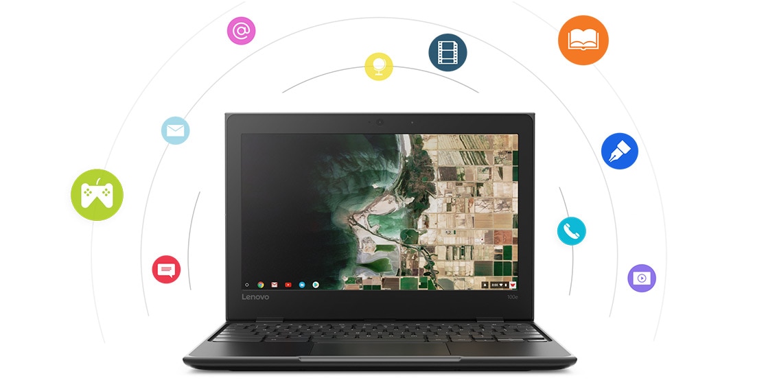 Lenovo 100e Chromebook front view, surrounded by multimedia graphic icons