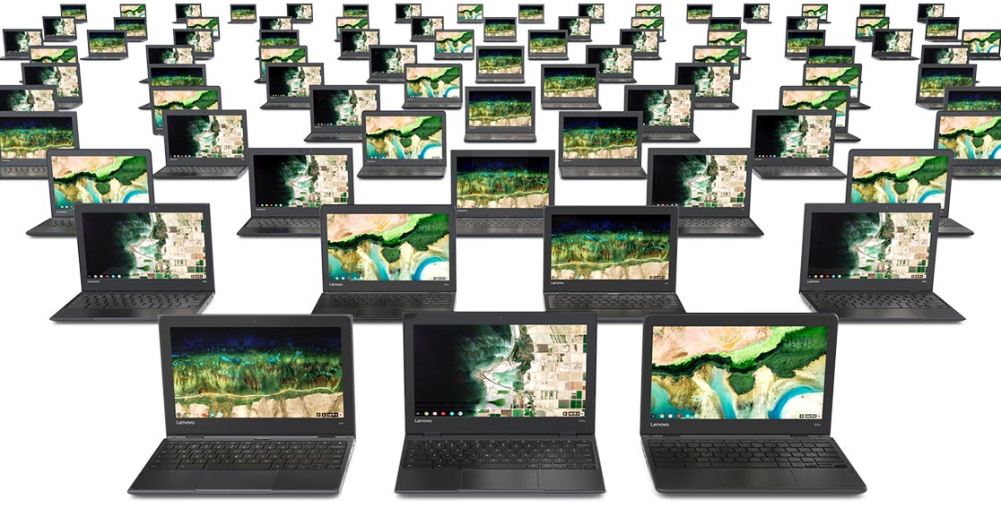 A large number of Lenovo 100e Chromebooks side by side and going off into distance
