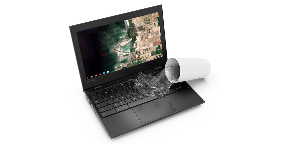 Lenovo 100e Chromebook overhead view of cup spilling liquid over keyboard
