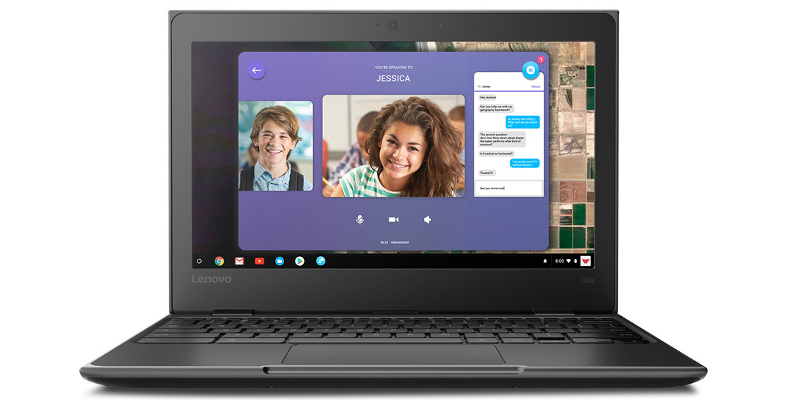 Lenovo 100e Chromebook front view, featuring front-facing HD camera