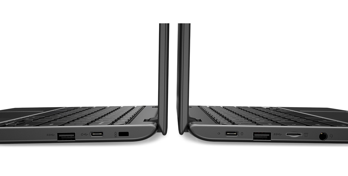 Two Lenovo 100e Chromebooks back to back, side view showing ports