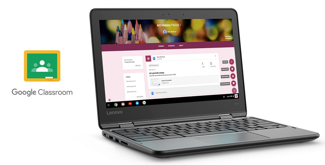 Lenovo 300e Chromebook front left side view, with Google Classroom icon