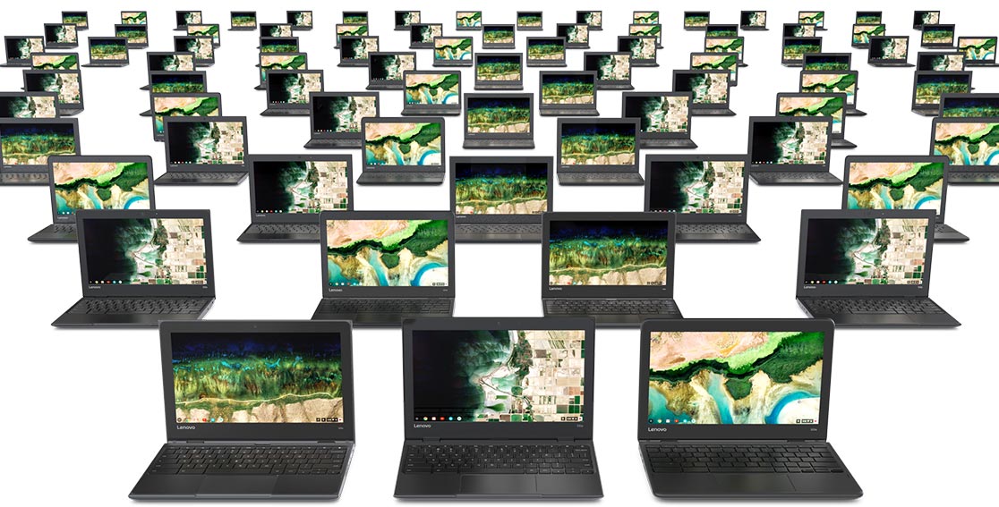 A large number of Lenovo 300e Chromebooks side by side and going off into distance