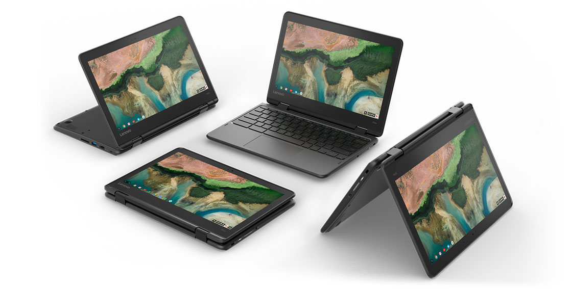 Four Lenovo 300e Chromebooks in each mode.  Laptop, Tablet, Stand, and Tent.