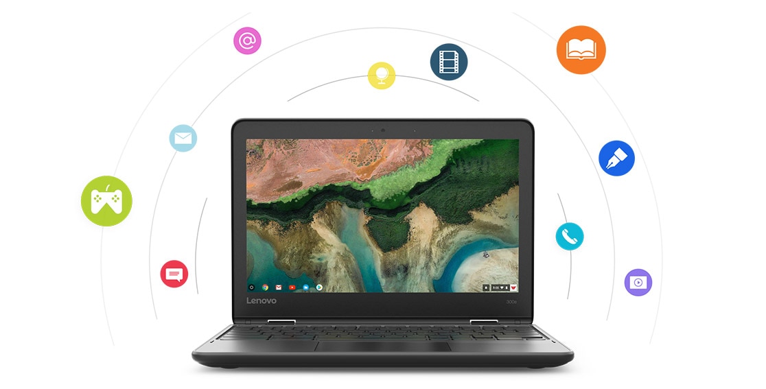 Lenovo 300e Chromebook front view, surrounded by multimedia graphic icons