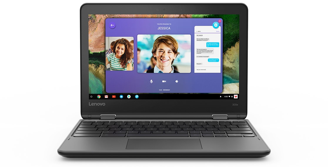 Lenovo 300e Chromebook front view, featuring front-facing HD camera