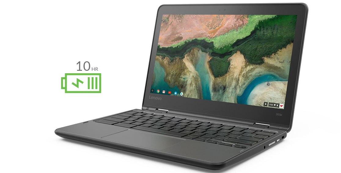 Lenovo 300e Chromebook front right side view, with icon to show 10 hours of battery life