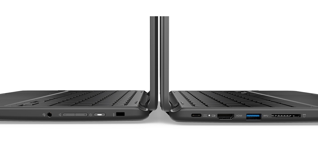 Two Lenovo 300e Chromebooks back to back, side view showing ports