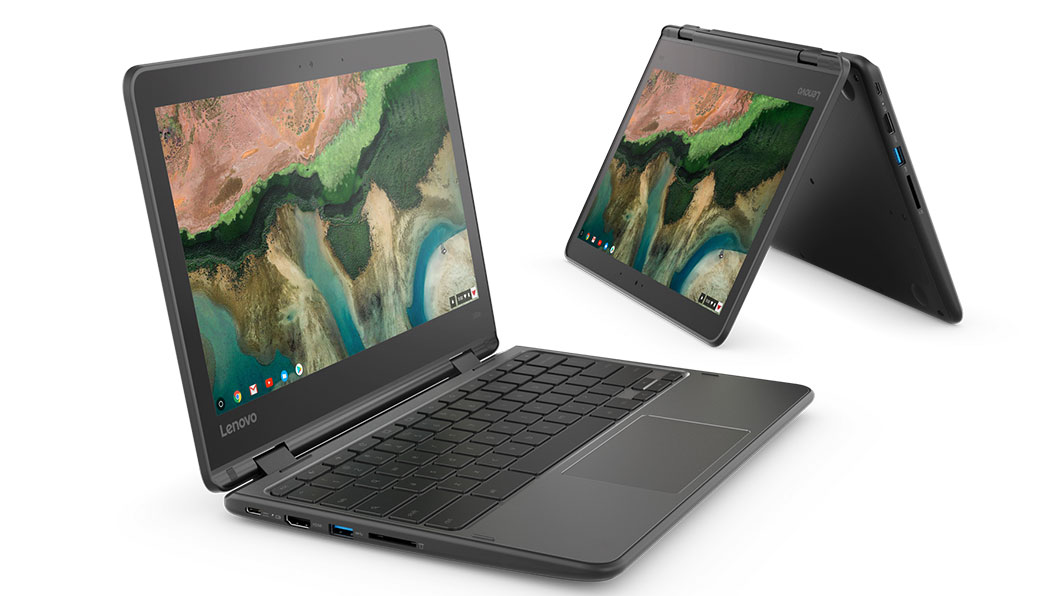 Lenovo 300e Chromebook, 2 models, with foremost in laptop mode and other in stand mode 