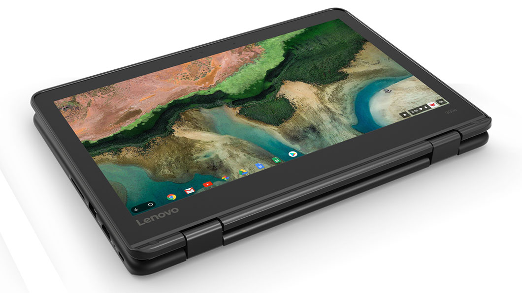 Lenovo 300e Chromebook in tablet mode, angled view showing hinge and left side ports