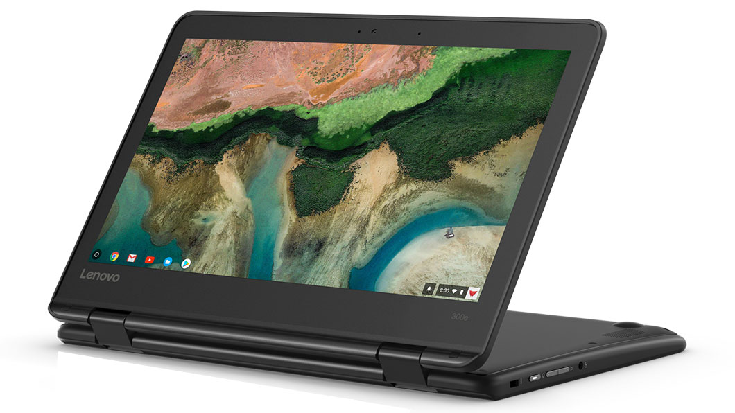 Lenovo 300e Chromebook in stand mode, view of display