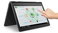 Lenovo 300e Chromebook in tent mode with a child's hand touching display thumbnail
