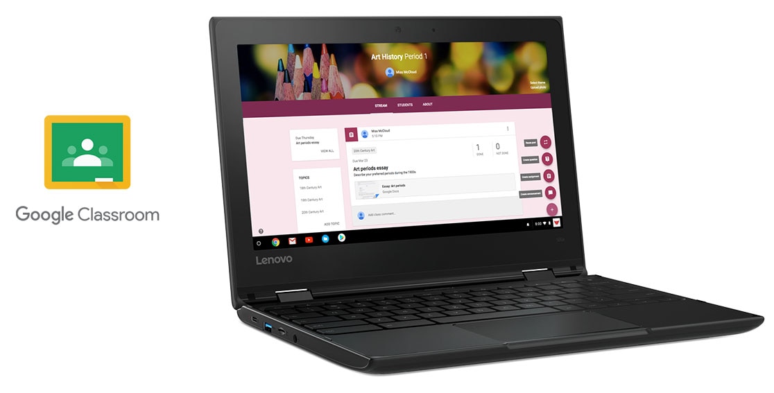 Lenovo 500e Chromebook front left side view, with Google Classroom icon