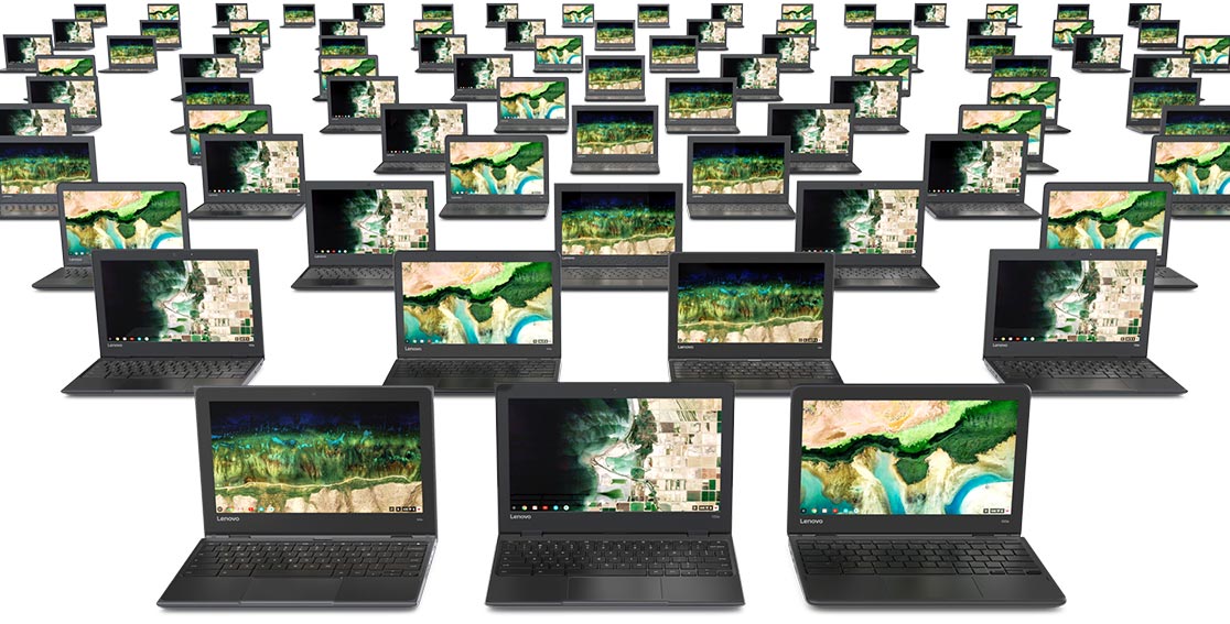 A large number of Lenovo 500e Chromebooks side by side and going off into distance