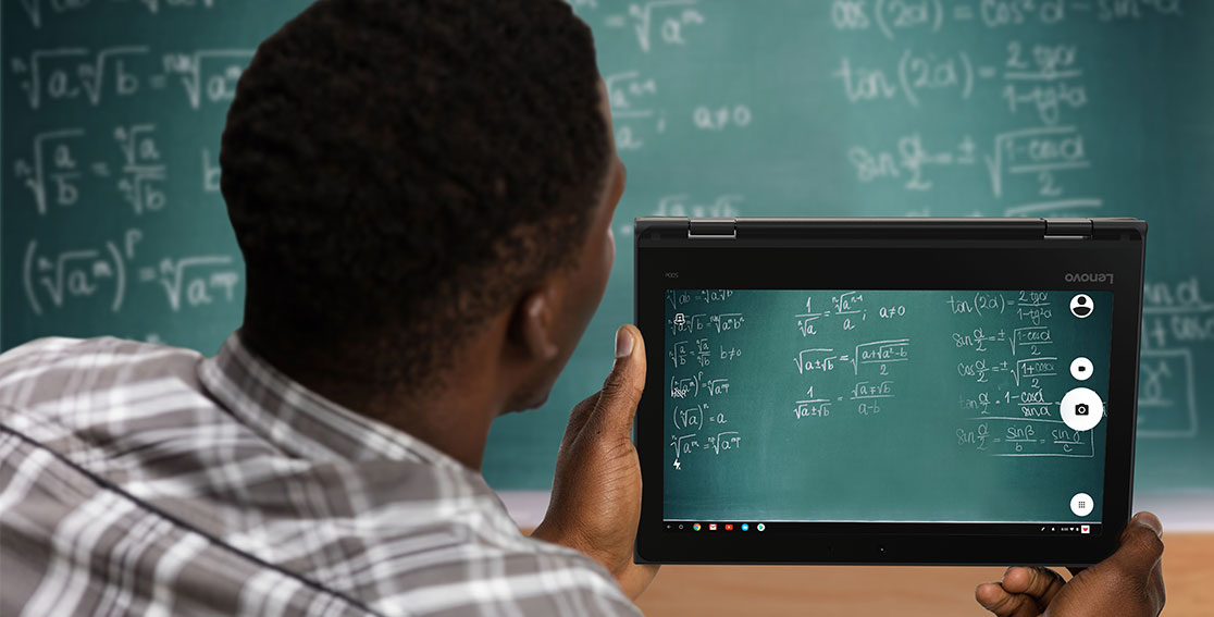 Lenovo 500e Chromebook being used to photograph lesson on a chalkboard