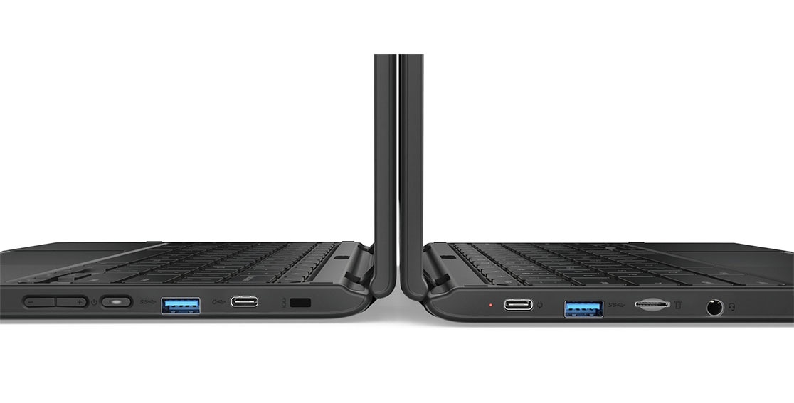 Two Lenovo 500e Chromebooks back to back, side view showing ports