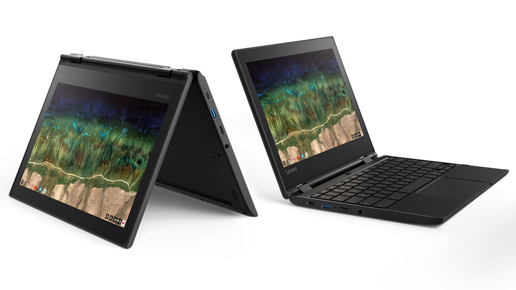 Two Lenovo 500e Chromebook in tent and laptop modes
