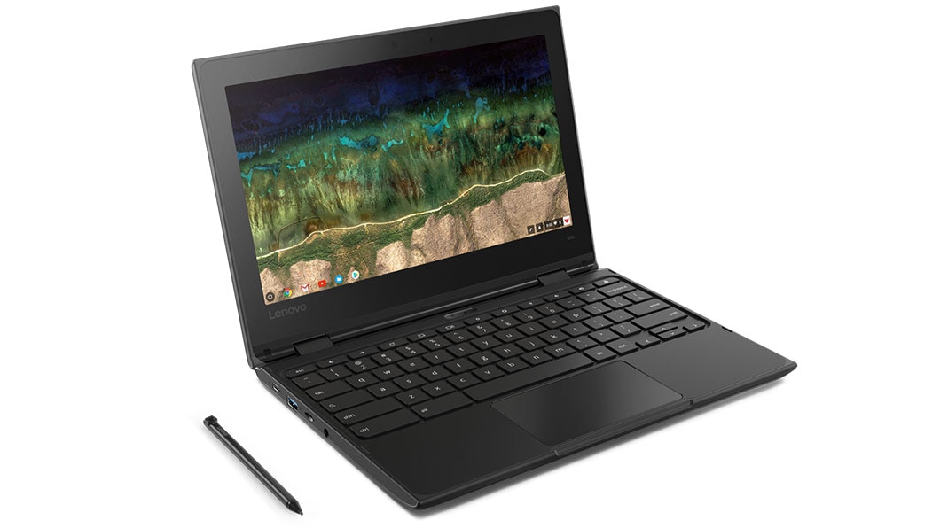 Lenovo 500e Chromebook front left side view featuring integrated EMR pen
