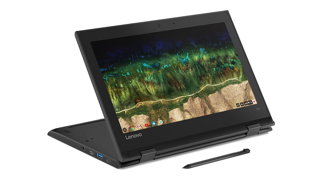 Lenovo 500e Chromebook in stand mode, featuring EMR pen