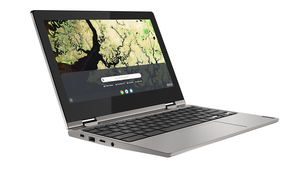 Linkerzijaanzicht van Chromebook C340-11 in Platinum Grey in laptopstand