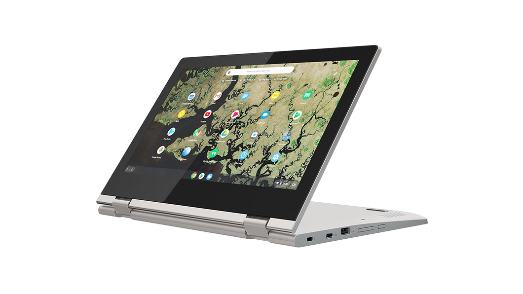 Chromebook C340-11 in Platinum Grey, rechtop