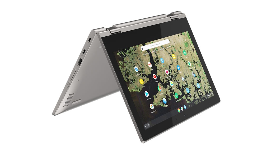 Chromebook C340-11 in tent mode in Platinum Grey color